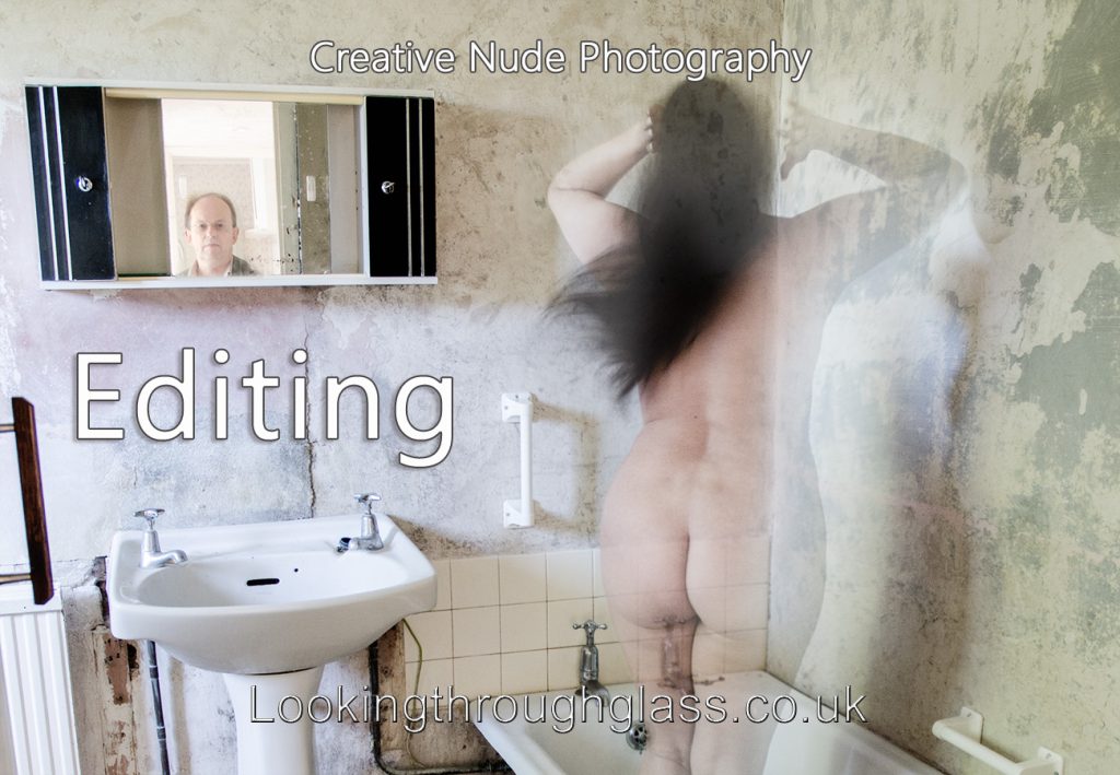 Editing creative nude photography.Photo of ghostly nude woman in a bathroom